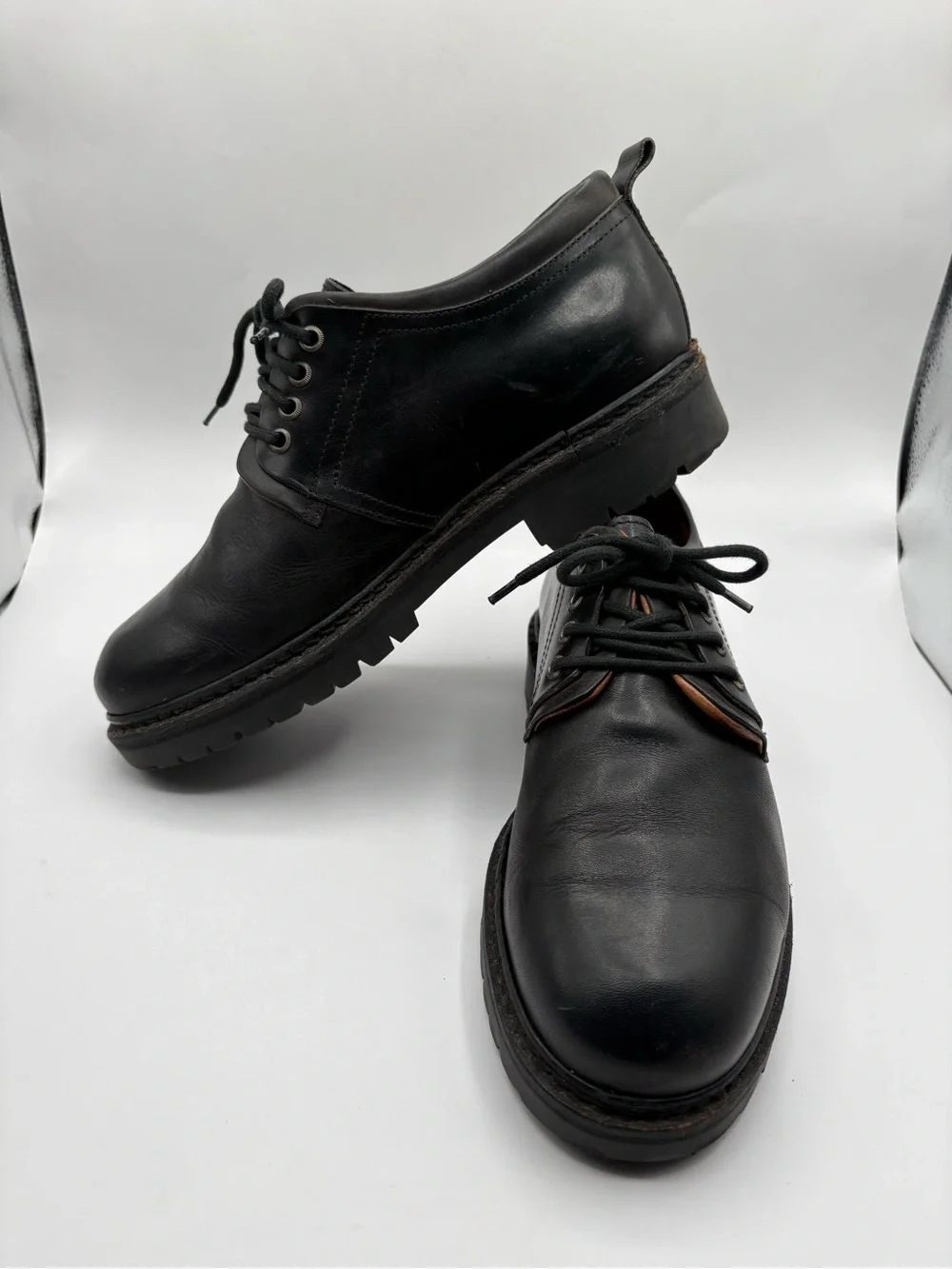 Johnston & Murphy Derby Shoes Mens 9.5 Black Leather Lug Sole Made in Italy